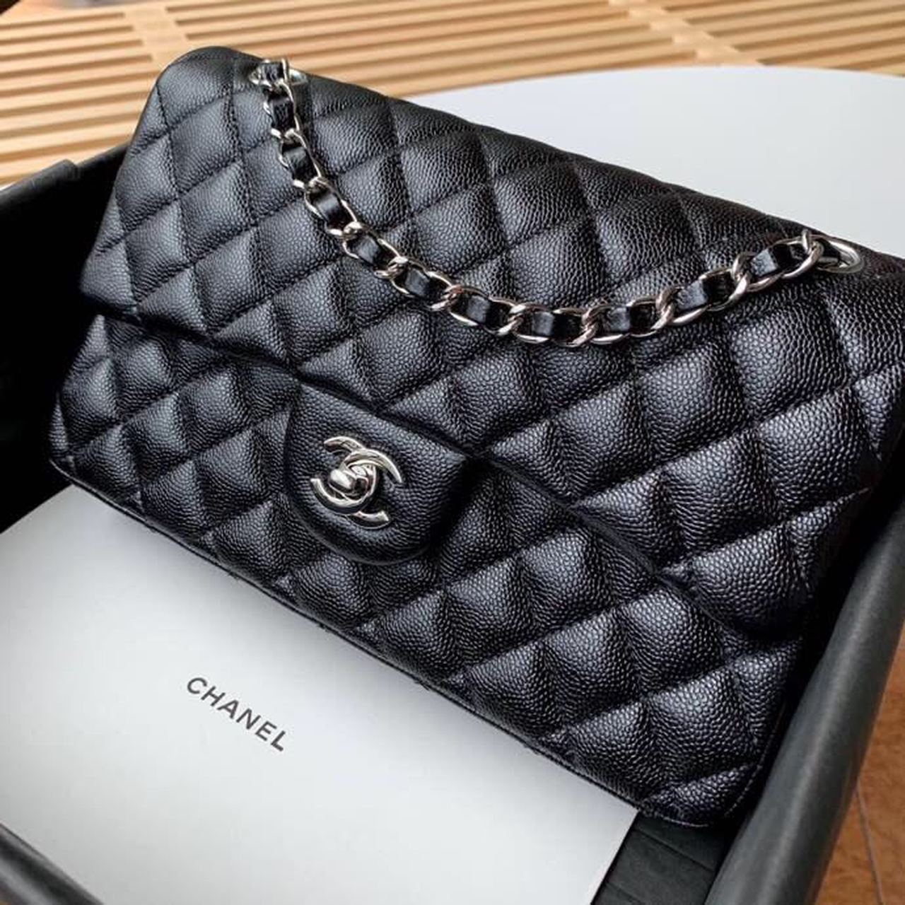 Ch**el Classic Handbag Silver Hardware Black For Women, Women’s Bags, Shoulder And Crossbody Bags 10.2in/26cm A01112