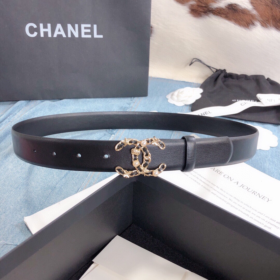 Ch**el Belt With Double C Buckle Black Gold Toned Hardware Women Belt