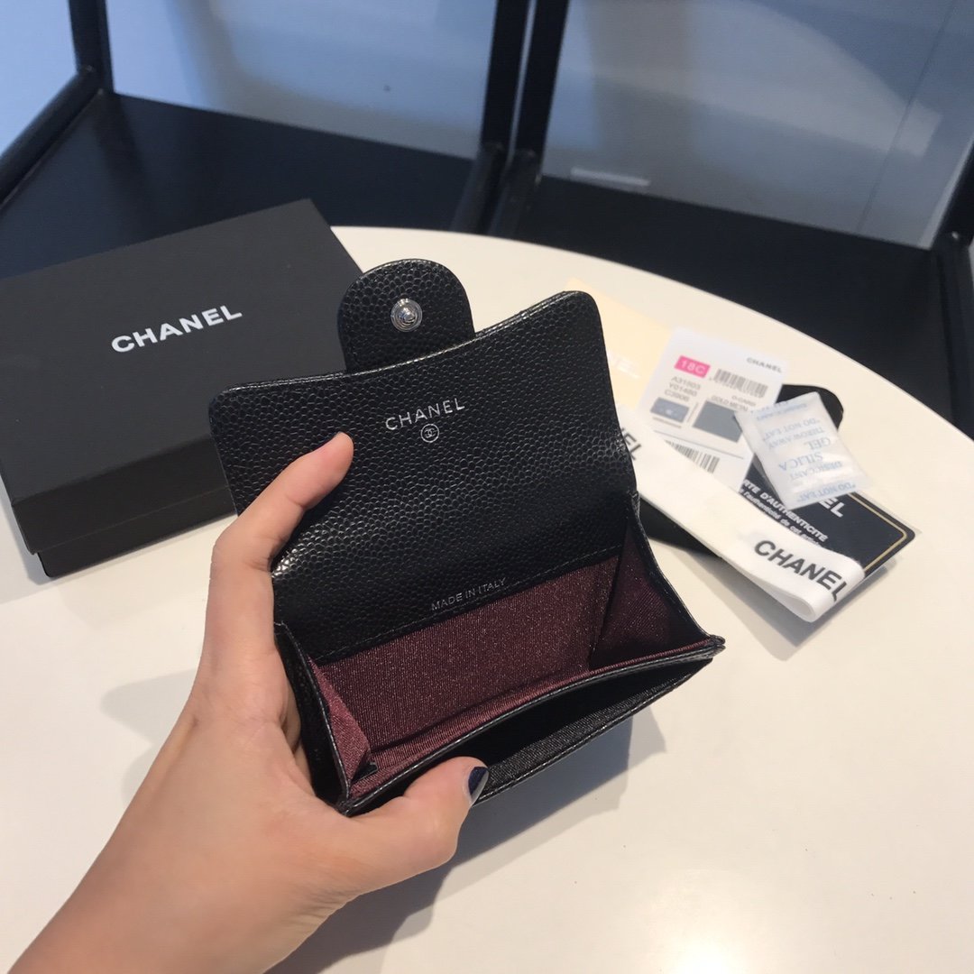 Ch**el Classic Card Holder Silver Hardware Black For Women, Women’s Wallet 4.5in/11.5cm