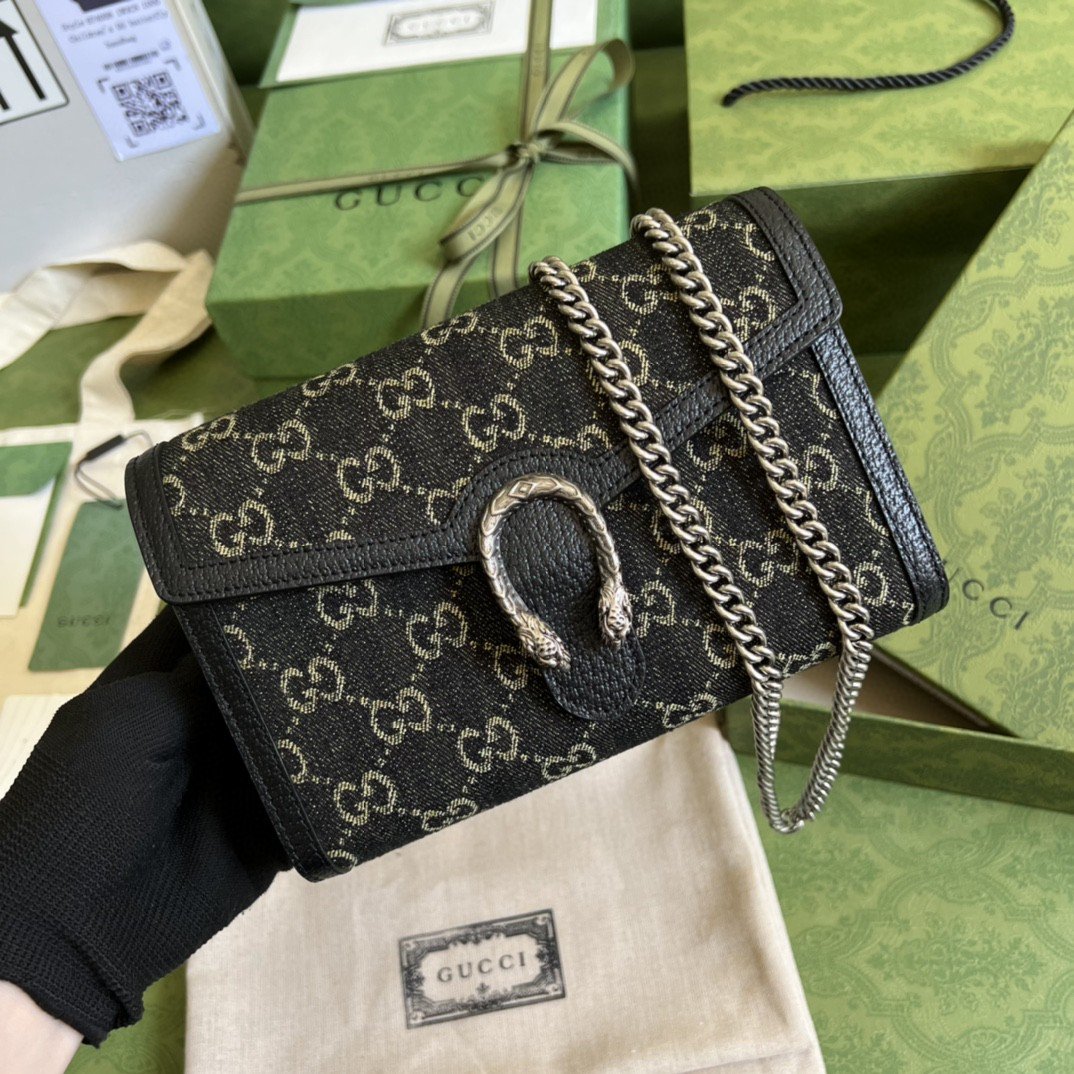 Gvc*1 Dionysus GG Mini Chain Bag Black And Ivory GG Denim Jacquard For Women 8in/20cm 401231 UN3BN 1274