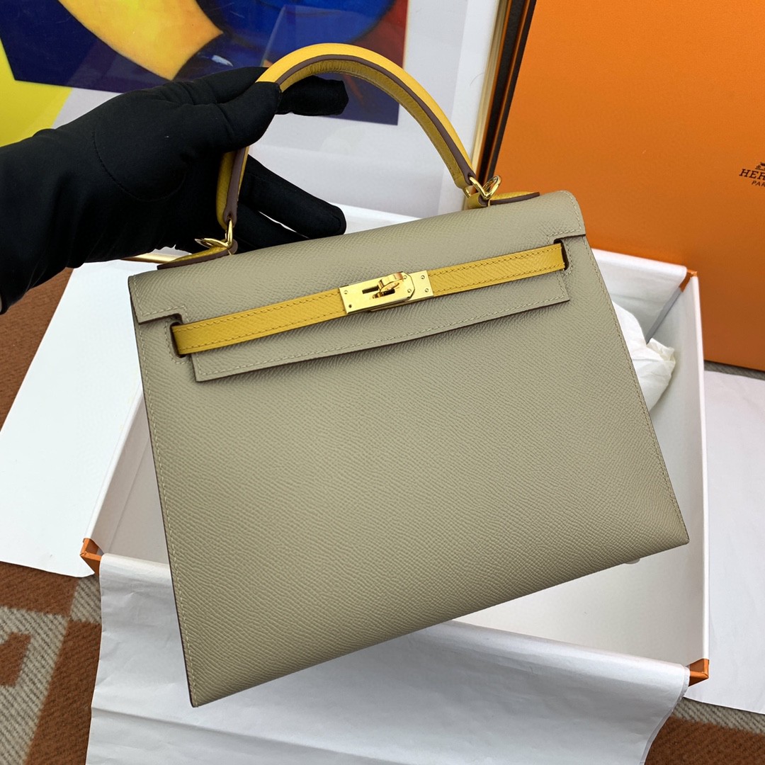 H**me5 Kelly 25 Sellier Epsom Greige/Yellow Bag For Women, Women’s Handbags, Shoulder Bags 10in/25cm