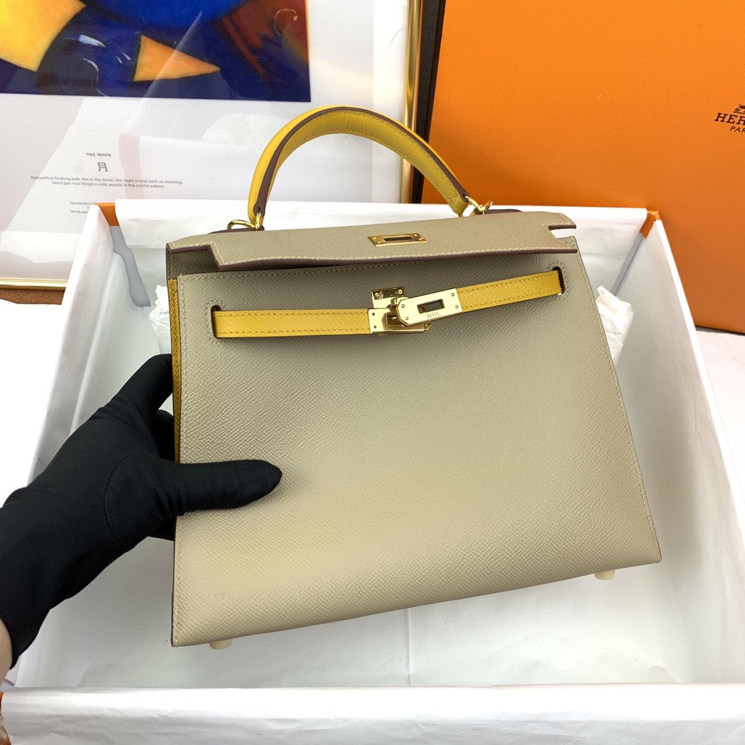 H**me5 Kelly 25 Sellier Epsom Greige/Yellow Bag For Women, Women’s Handbags, Shoulder Bags 10in/25cm