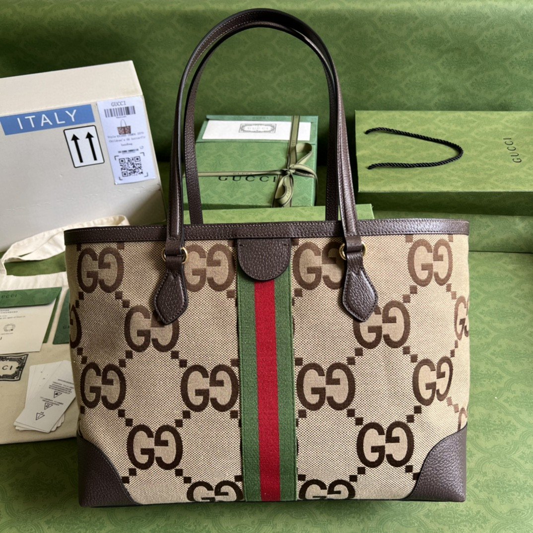 Gvc*1 Ophidia Jumbo GG Medium Tote Camel And Ebony Jumbo Canvas For Women 15in/38cm 631685 UKMDG 2570