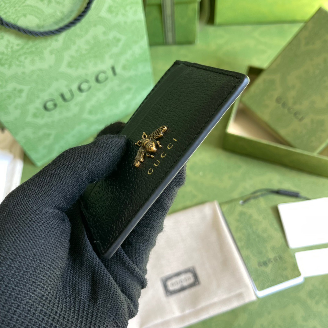 Gvc*1 Animalier Card Case Black with Metal Bee For Men 4in/10cm GG 523685 DJ20T 1000