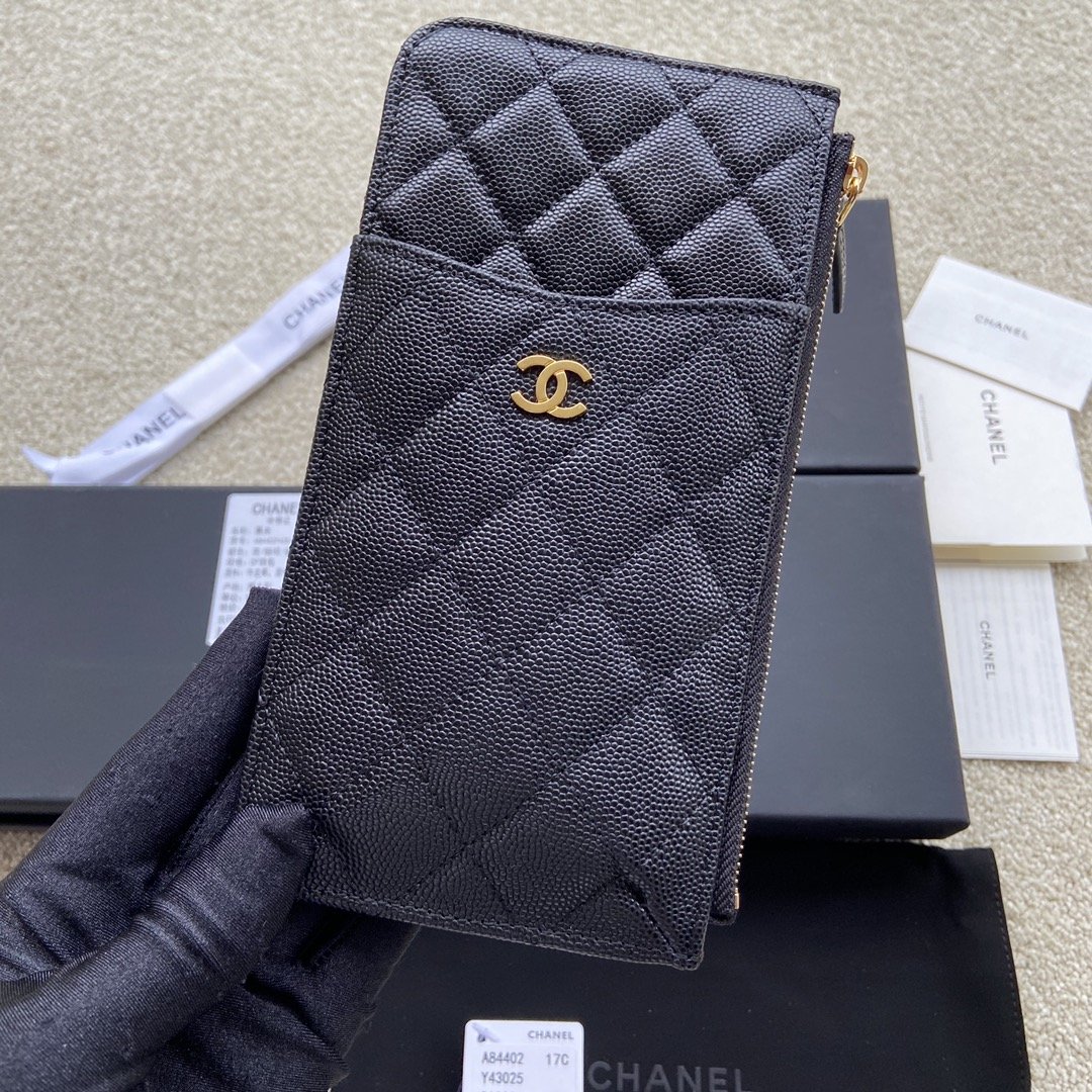 Ch**el CO-CO Mini Pouch Wallet 19.5cm/7.7in Gold Hardware For Women Black