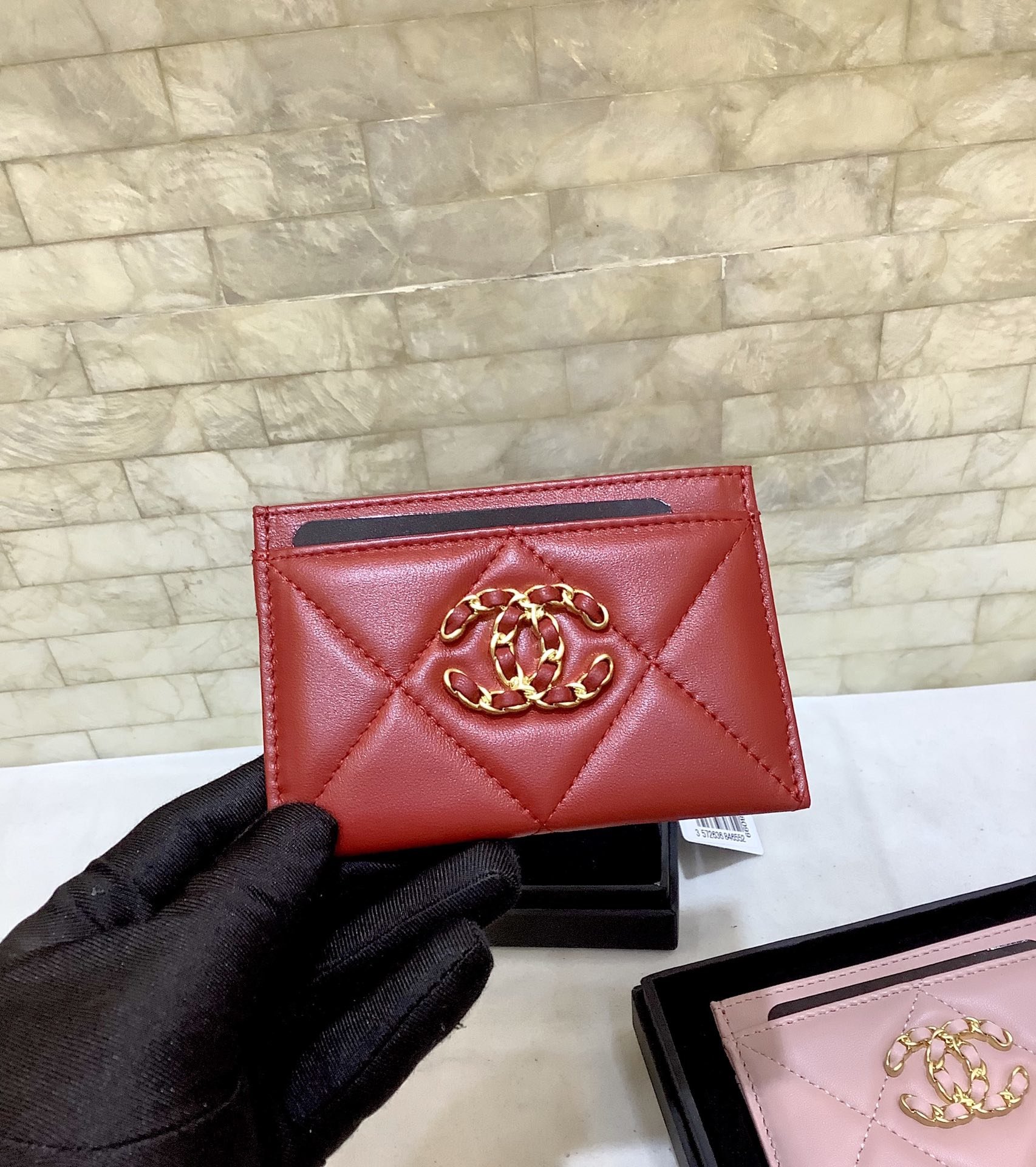 Ch**el CO-CO 19 Card Holder Wallet 11cm/4.3in Gold Toned Hardware For Women Red