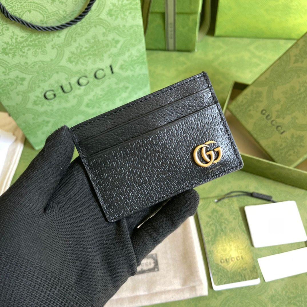Gvc*1 GG Marmont Card Case Rough Black Gold Toned Hardware For Men 4in/10cm 436022 DJ20T 1000