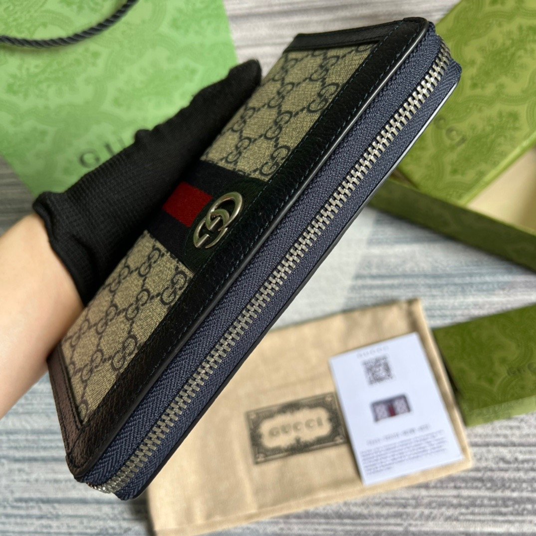 Gvc*1 Ophidia GG Zip Around Wallet Beige With Red and Dark Blue Stripes With Silver Hardware For Men 8in/19cm GG