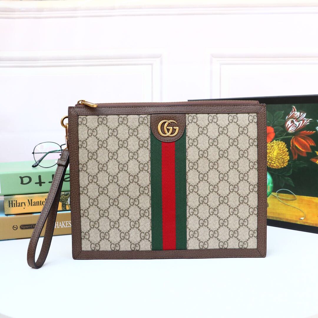 Gvc*1 Ophidia Pouch With Web Beige And Ebony GG Svp*me Canvas For Men 9in/24cm GG ‎672989 96IWT 8745