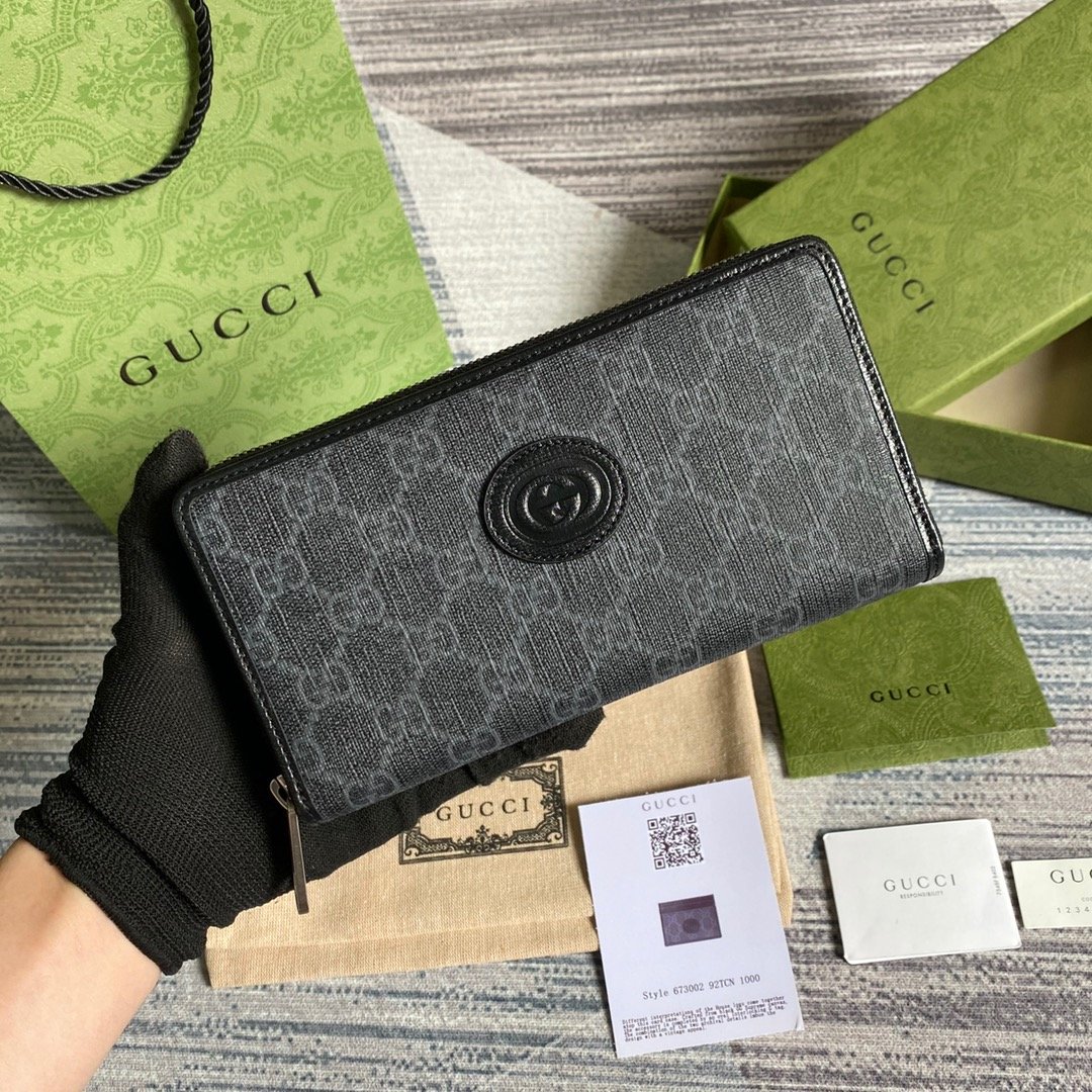 Gvc*1 Ophidia GG Zip Around Wallet With Interlocking G Black For Men 8in/19cm GG