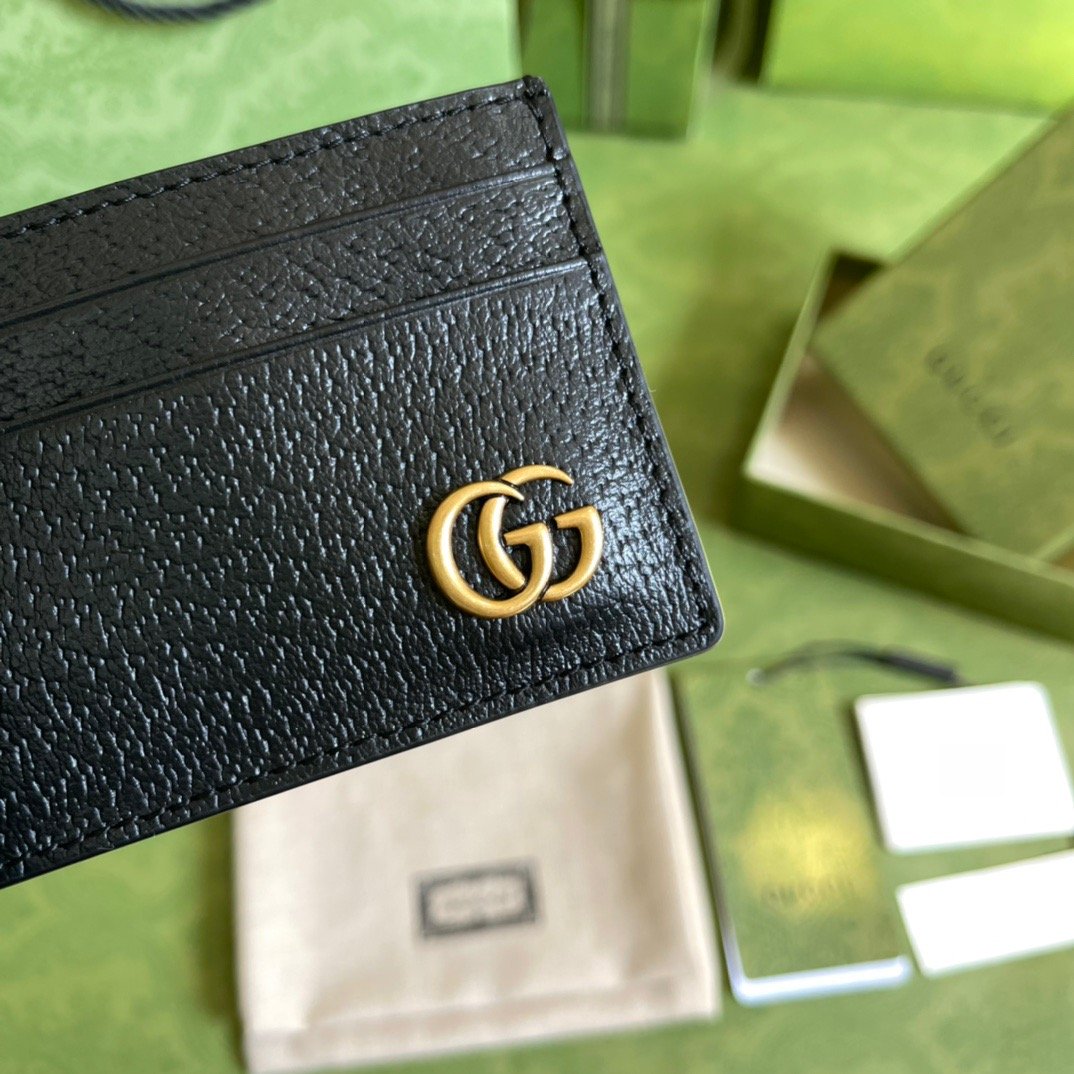 Gvc*1 GG Marmont Card Case Rough Black Gold Toned Hardware For Men 4in/10cm 436022 DJ20T 1000