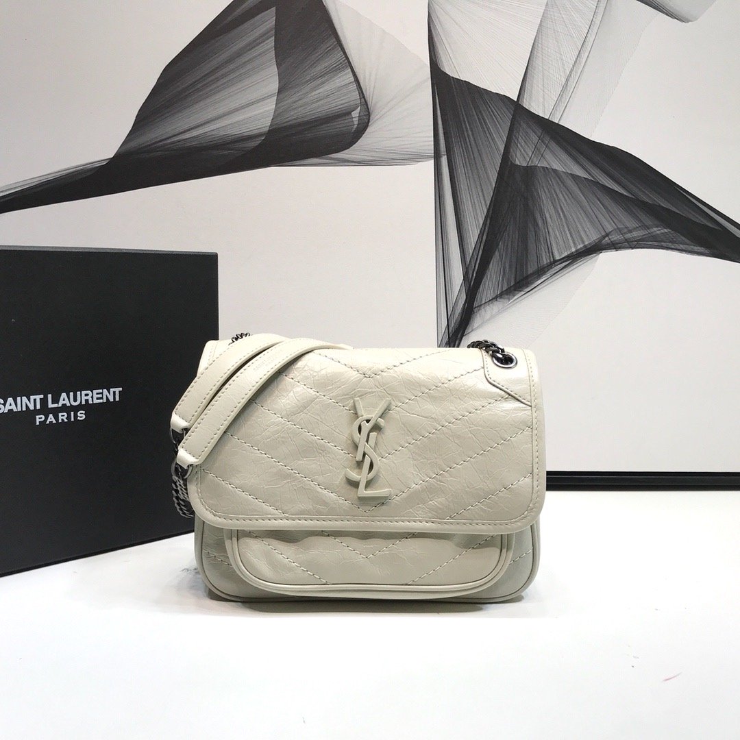 Sa1nt Lau*nt Niki Baby Chain Bag In Crinkled Vintage White For Women 8.2in/21cm Y51 6331600EN049207