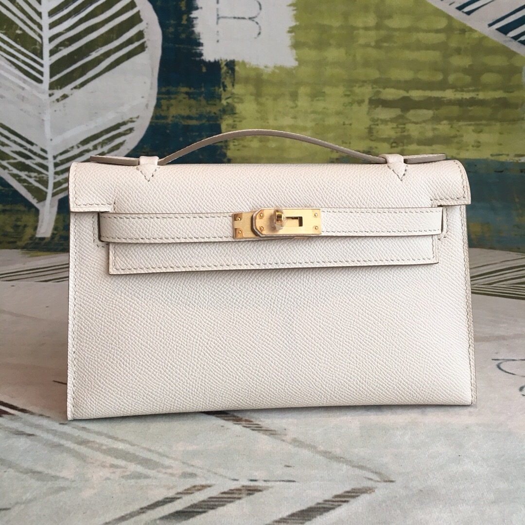 H**me5 Kelly Pochettee White For Women Gold Toned Hardware 8.5in/22cm