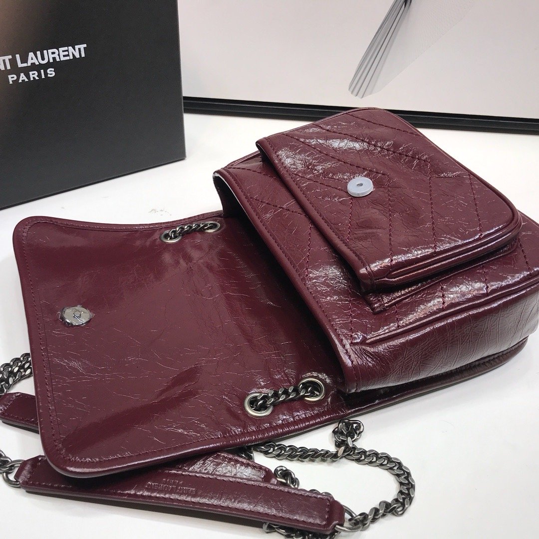 Sa1nt Lau*nt Niki Baby Chain Bag In Crinkled Vintage Burgundy For Women 8.2in/21cm Y51 6331600EN046475
