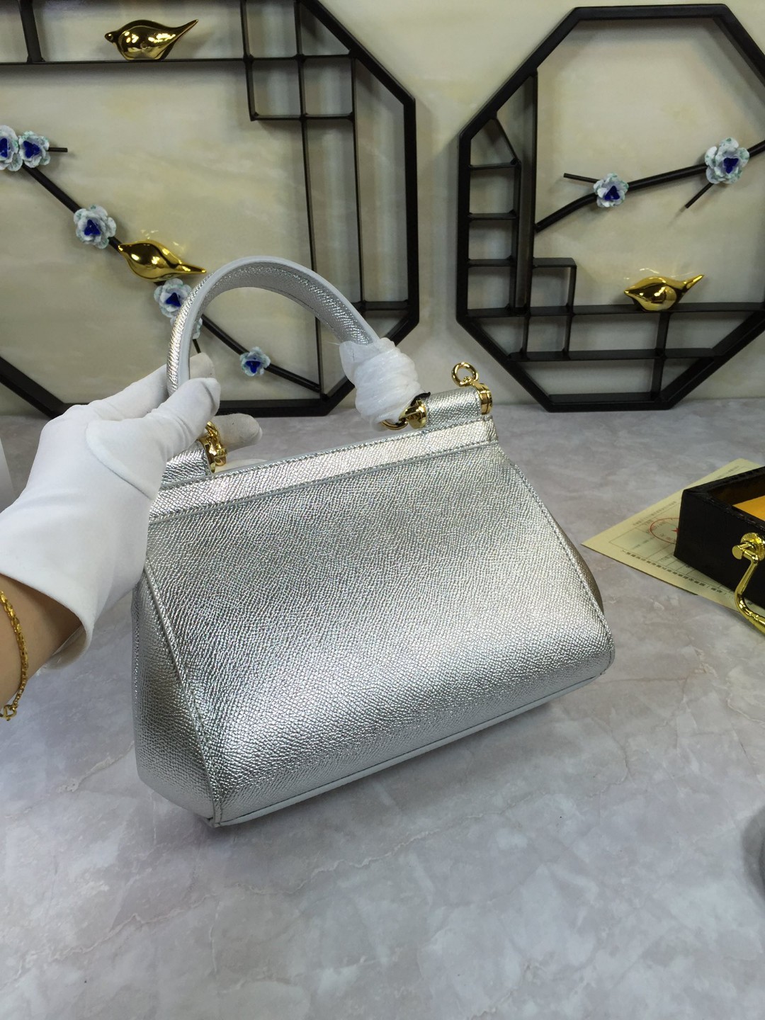 Dolce & Gabbana Medium Sicily Handbag In Dauphine Silver For Women 10.2in/26cm DG