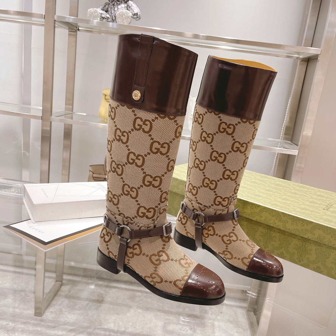 Gvc*1 Knee-High Boots With Harness Beige For Women GG 674673 UKO50 2597