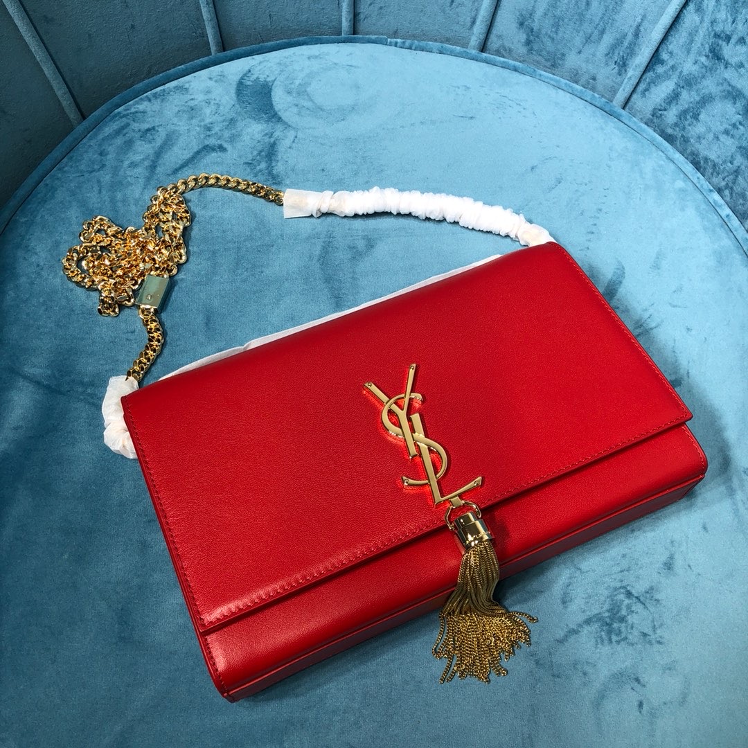 Sa1nt Lau*nt Kate Medium Chain Bag With Tassel In Grain De Poudre Red For Women 9.4in/24cm Y51