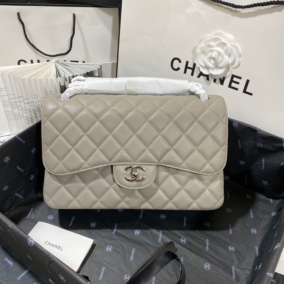 Ch**el Large Classic Handbag Silver Hardware Grey For Women, Women’s Handbags, Shoulder Bags 11.8in/30cm