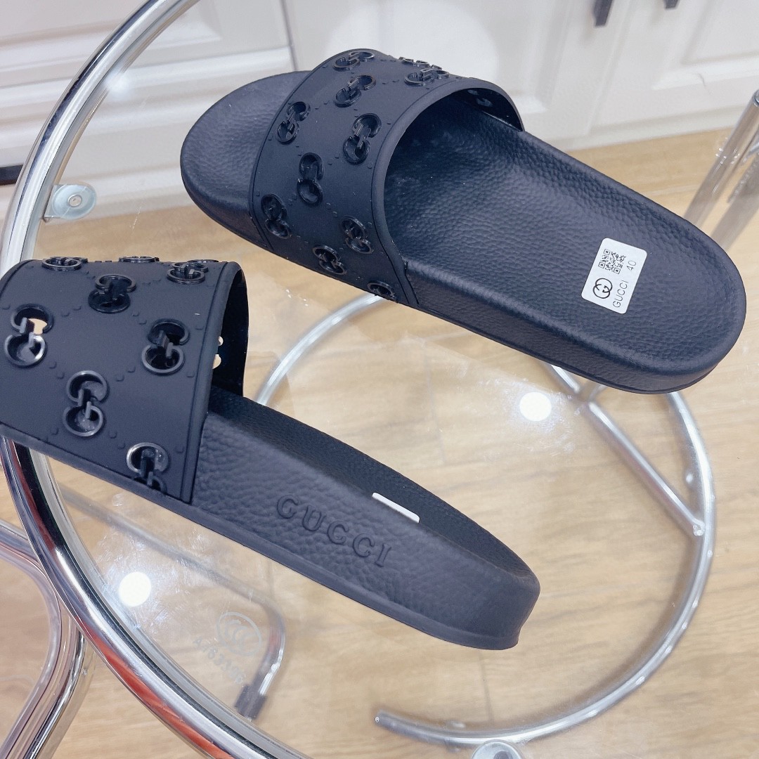 Gvc*1 Men’s Rubber GG Slide Sandals Black For Men 573922 JDR00 1000