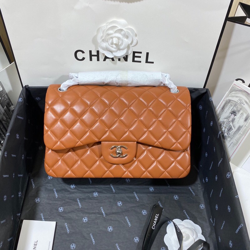 Ch**el Large Classic Handbag Silver Hardware Brown For Women, Women’s Handbags, Shoulder Bags 11.8in/30cm