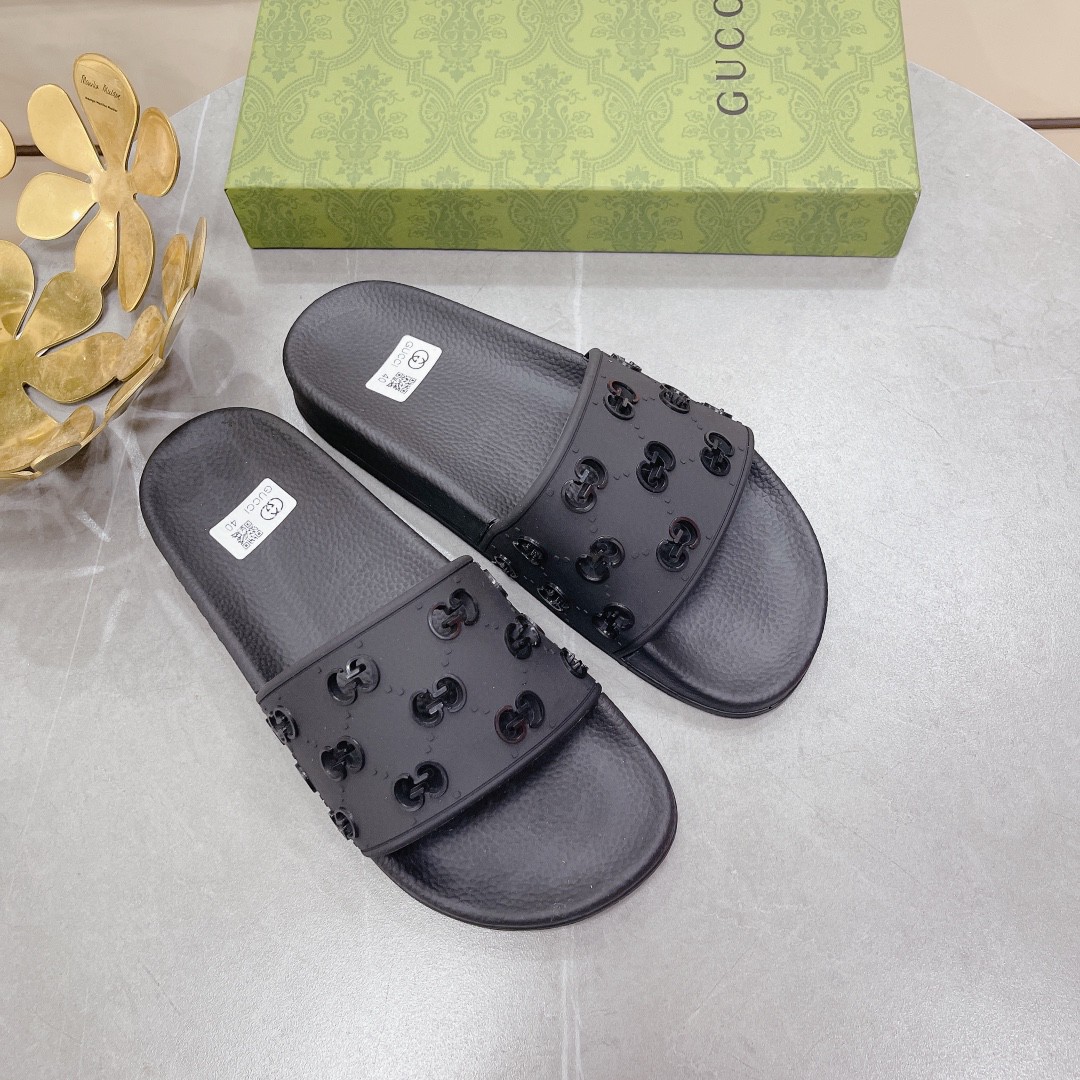 Gvc*1 Men’s Rubber GG Slide Sandals Black For Men 573922 JDR00 1000