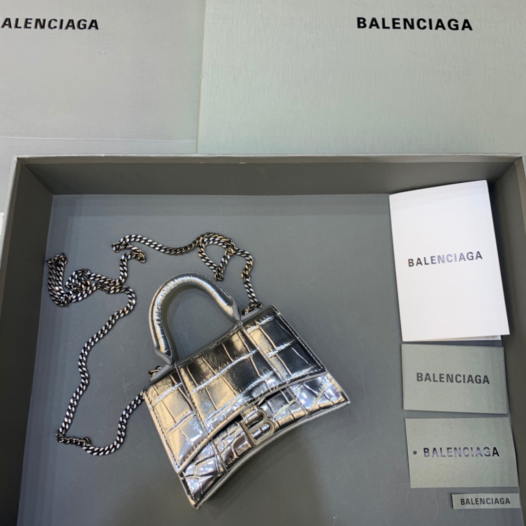 Ba1en*iaga Hourglass Mini Handbag With Chain In Sliver, For Women, Women’s Bags 4.7in/12cm