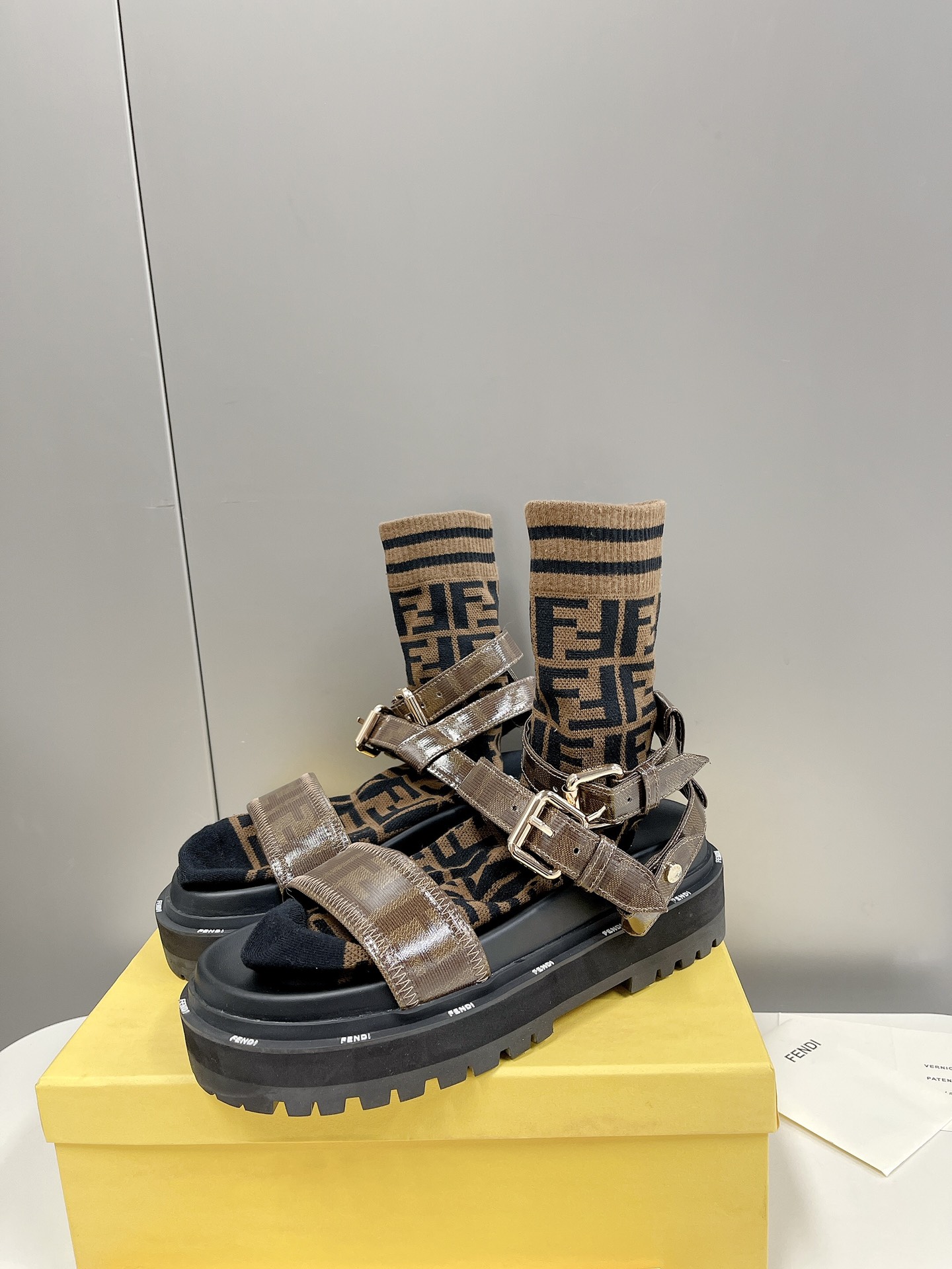 F**di Brown FF Jacquard Sandals For Women