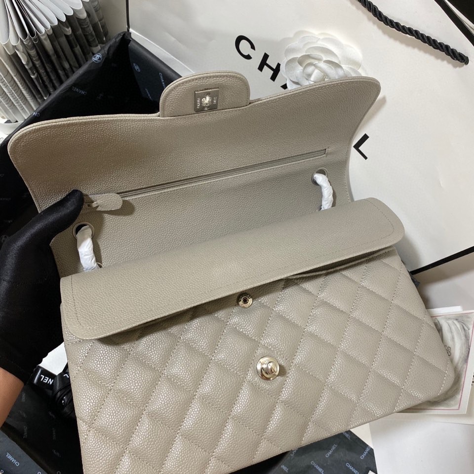 Ch**el Large Classic Handbag Silver Hardware Grey For Women, Women’s Handbags, Shoulder Bags 11.8in/30cm