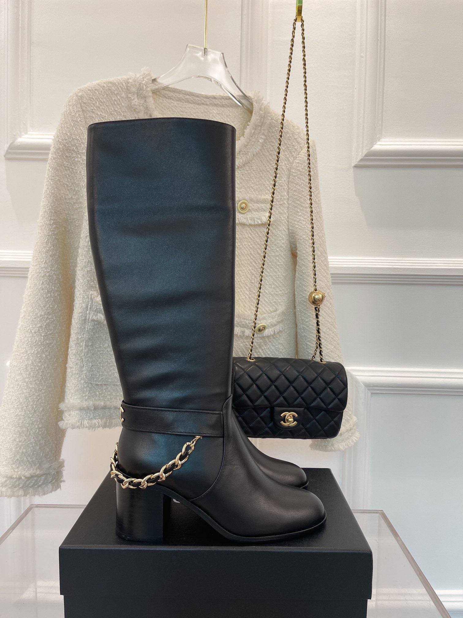 Ch**el Women’s High Boots With Chain Black For Women 3.7in/ 9.5cm