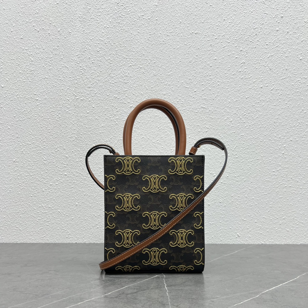 Ce1i*e Mini Folco In Triomphe Canvas With Triomphe Heart Embroidery Brown For Women 8in/20cm