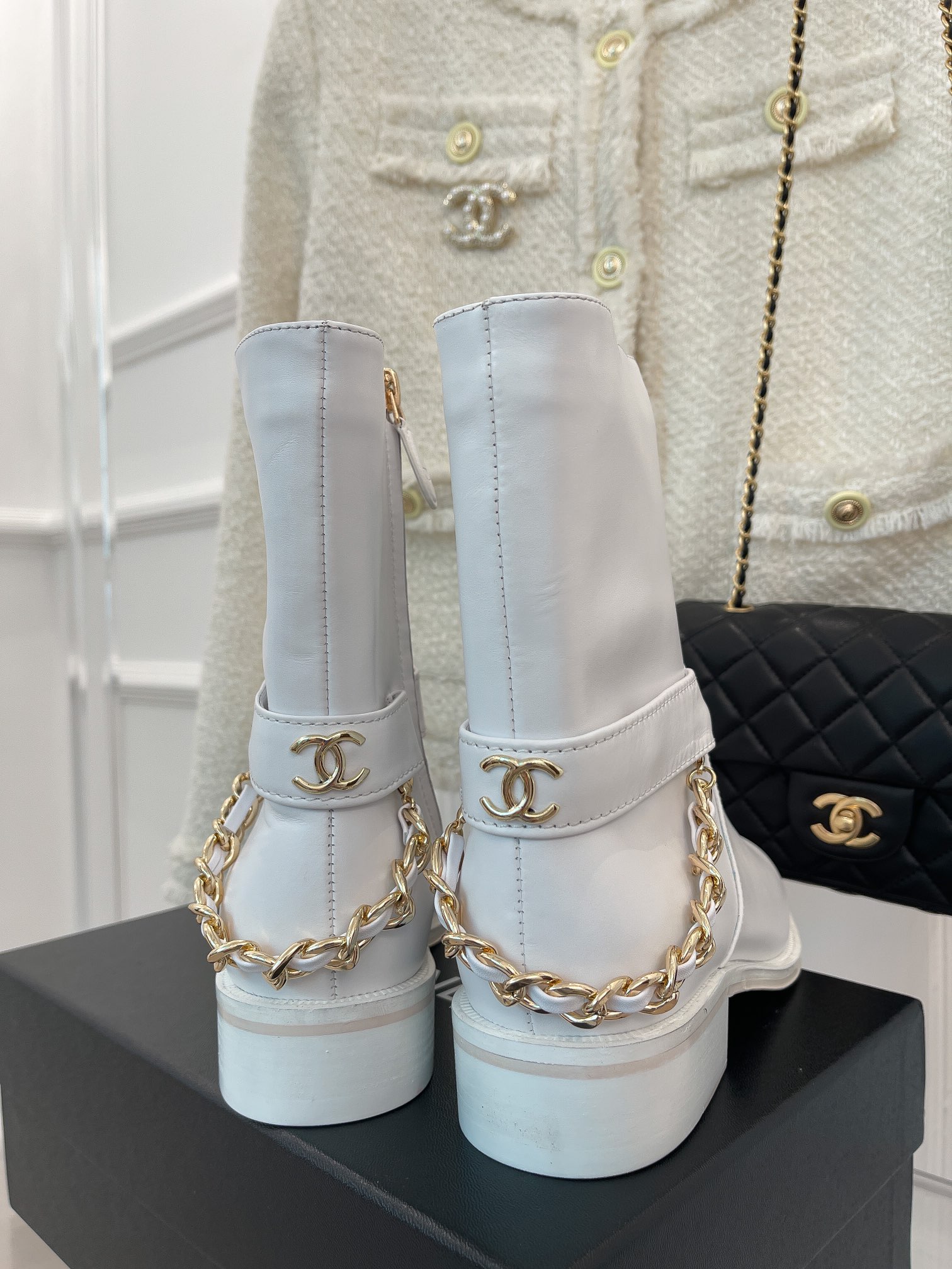 Ch**el Women’s Ankle Boots With Chain White For Women 1.5in/4cm