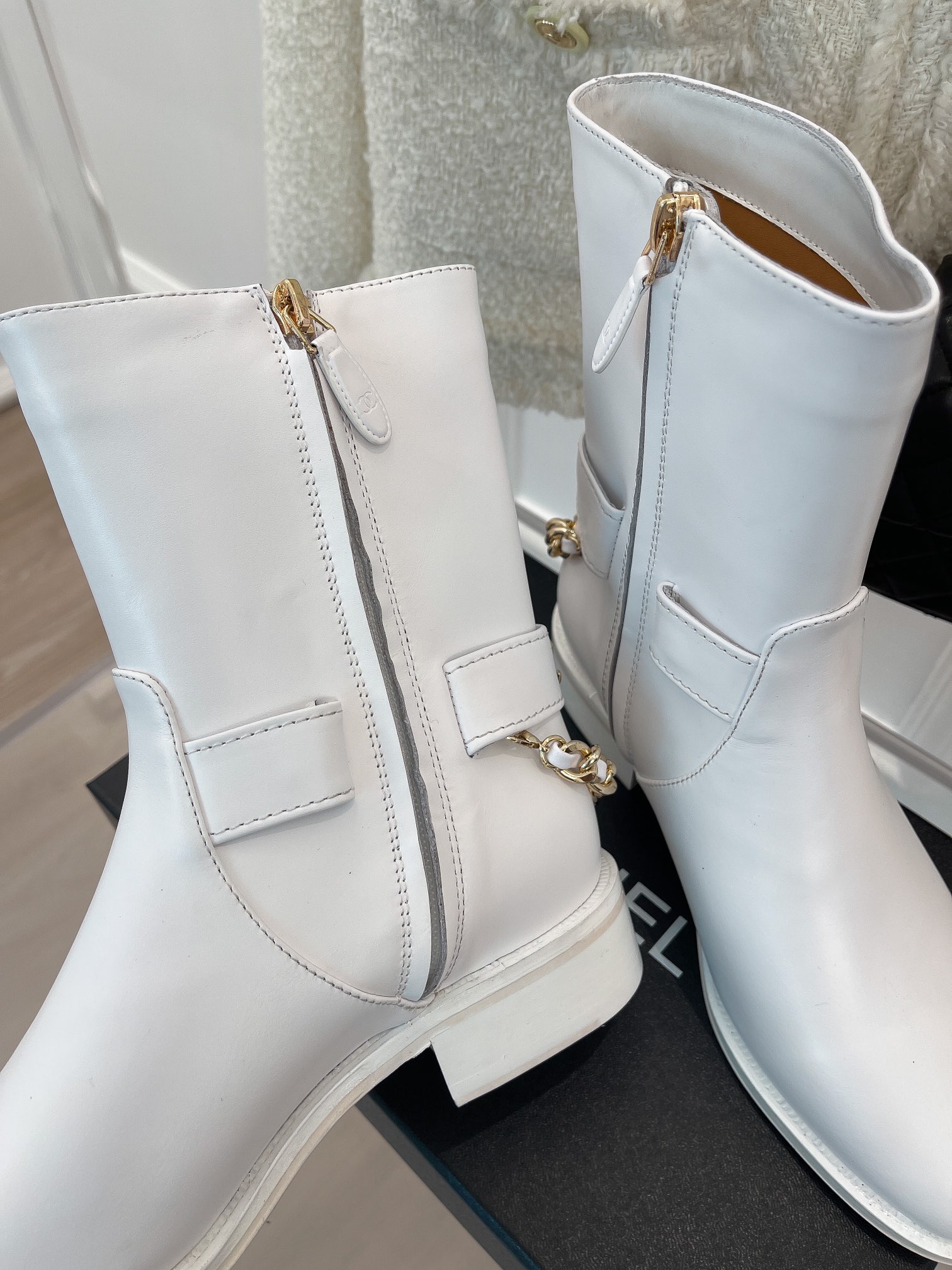 Ch**el Women’s Ankle Boots With Chain White For Women 1.5in/4cm